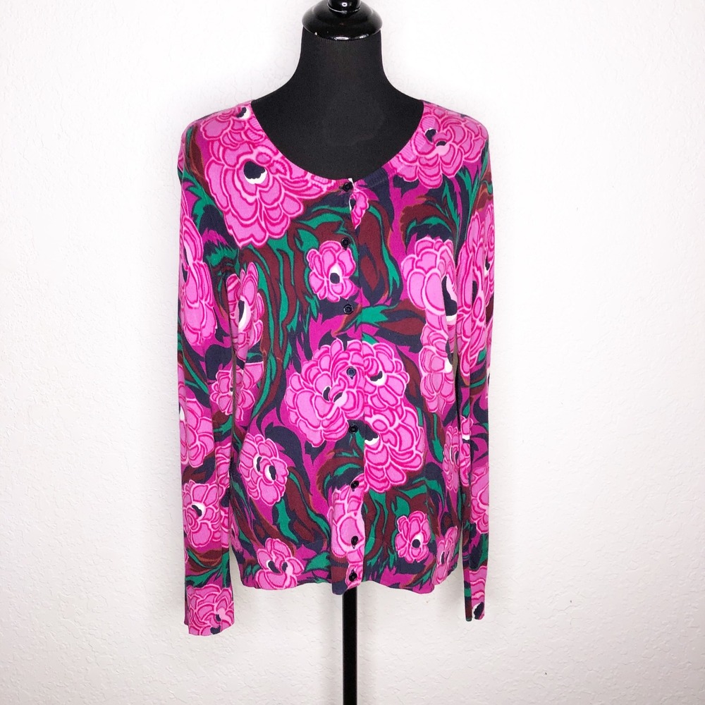 Talbots Womens Large Pink Floral Button Front Cardigan Sweater